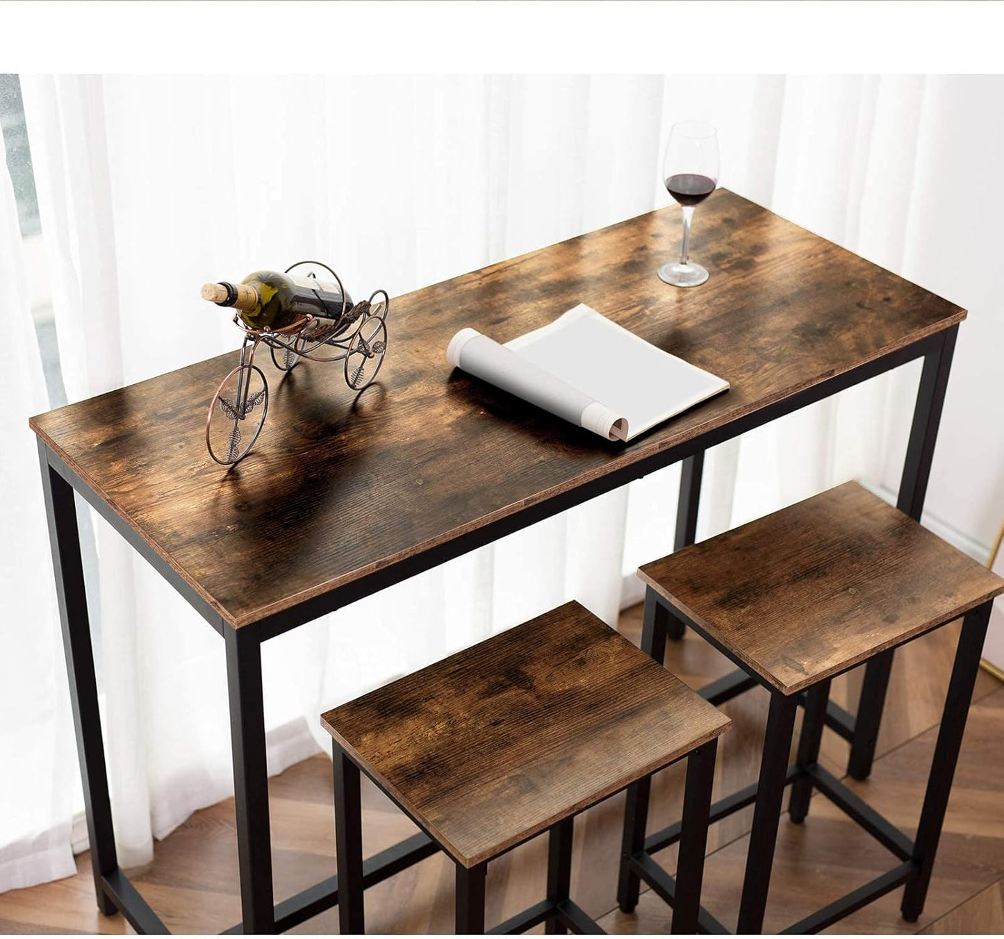 HOOBRO Bar Table and Chairs Set, 47.2” Rectangular Pub Table with 2 Stools for Small Space, High Top Table, 3-Piece Breakfast stools Set, Sturdy Metal Frame, Easy to Assemble, Rustic Brown BF52BT01