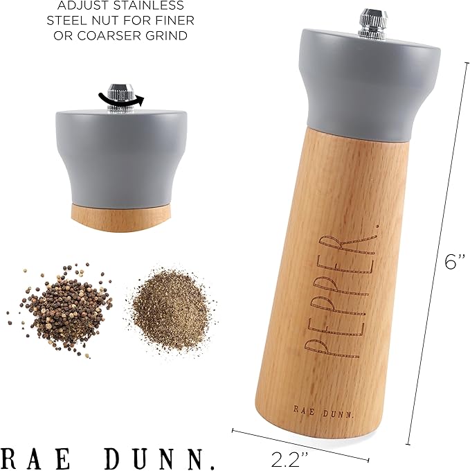 Rae Dunn Salt and Pepper Grinder Set of 2 - Bamboo Sea Salt Pepper Grinder - Classy Salt and Pepper Shakers - Pepper Mill & Salt Mill, Gray