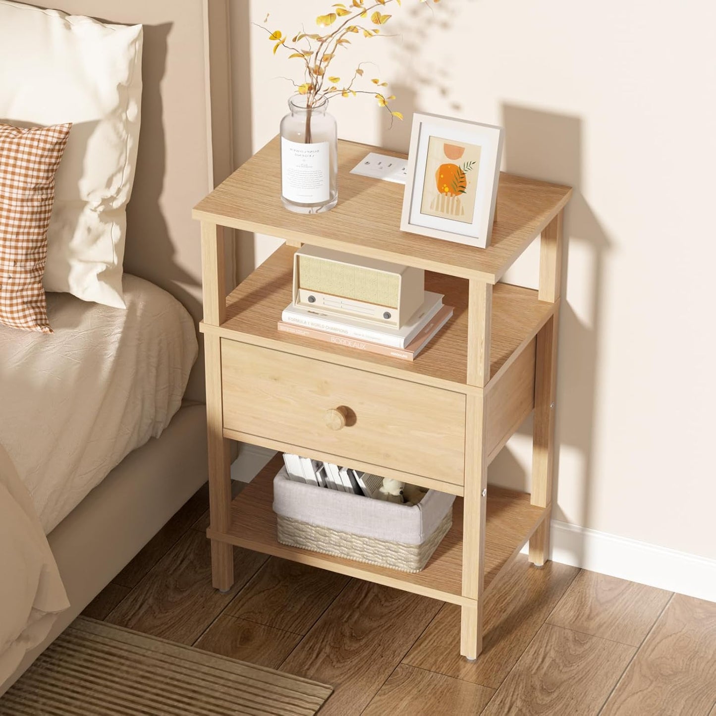Lerliuo Nightstand Set of 2 with Charging Station and USB Ports, 3-Tier Storage End Table with Drawer Shelf, Night Stand for Small Spaces, Wood Bedside Table for Living Room, Bedroom - Natural Wood