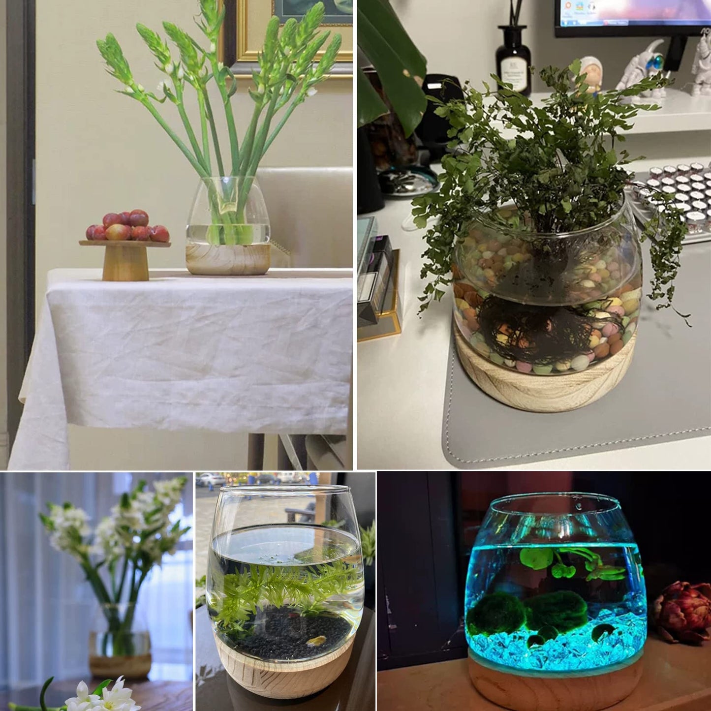 Glass Vase with Wooden Support Base, 1pcs Clear Glass Bubble Vase, Hydroponic Plant Terrarium Aquarium Goldfish Bowl for Home Office Centerpieces Flower Arrangement Decor (A 30 × 24 × 24 cm)