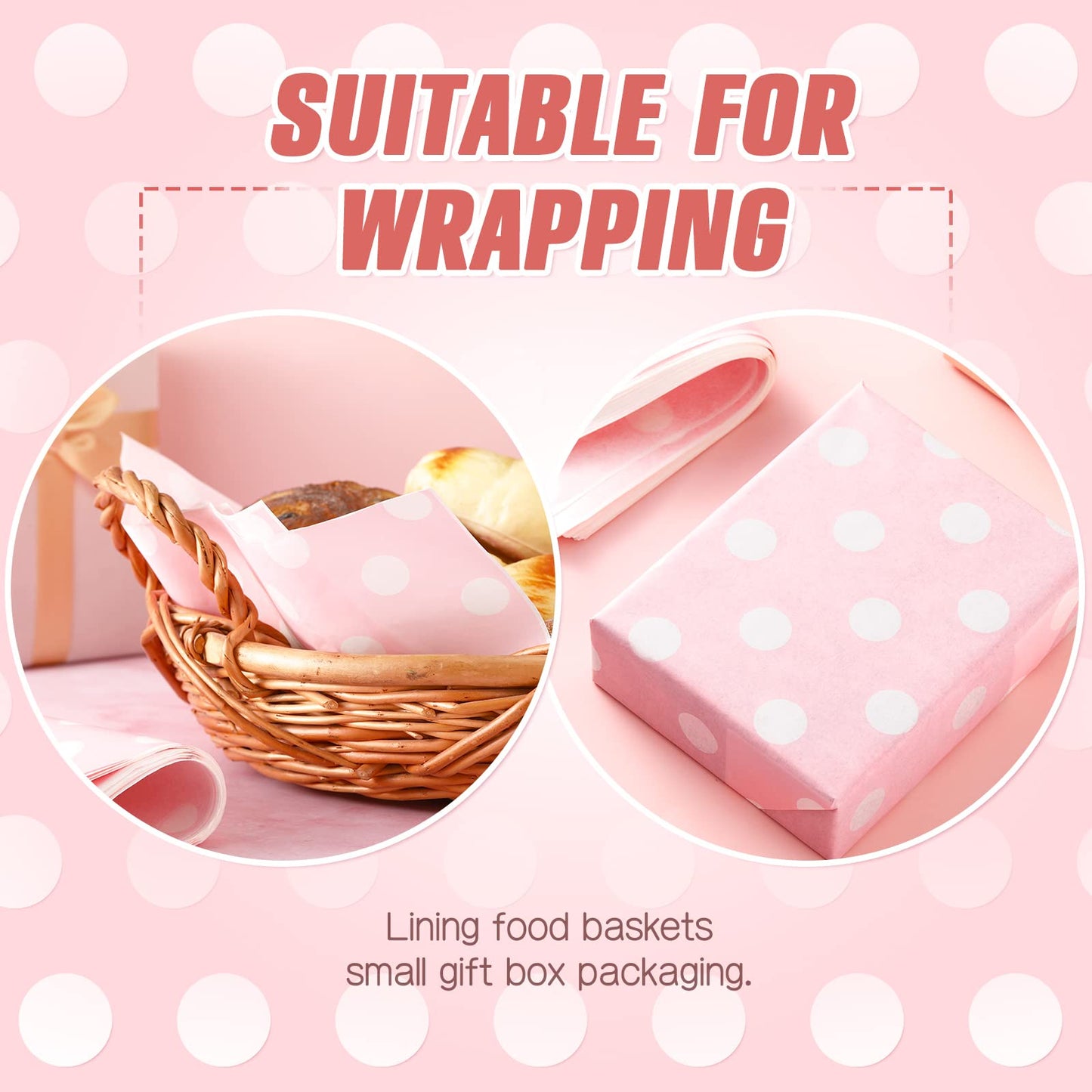 Gersoniel 150pcs Wax Paper Sheet for Food Dot Printed Bakery Tissue Greaseproof Disposable Wrapping Paper for Sandwich Food Picnic Baskets Liner Wedding Birthday Party Supplies(Pink,9.84x8.27'')