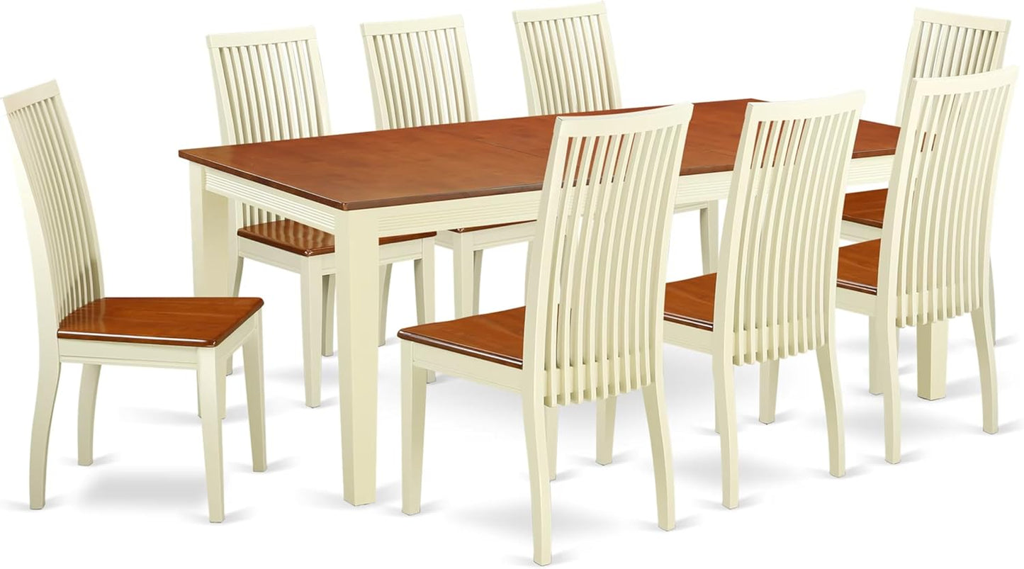 East West Furniture QUIP9-BMK-W 9 Piece Dining Room Table Set Includes a Rectangle Kitchen Table with Butterfly Leaf and 8 Dining Chairs, 40x78 Inch, Buttermilk & Cherry