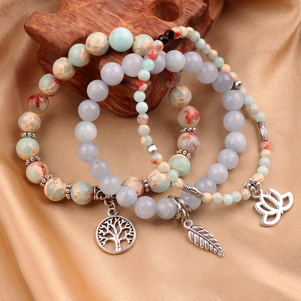 UEUC Tree of Life Yoga Healing Stone Bracelets,Multilayer Lotus Chakra Stone Reiki Bracelet Sets,Anxiety Crystal Natural Stone,for Women Stress Relief(#154)