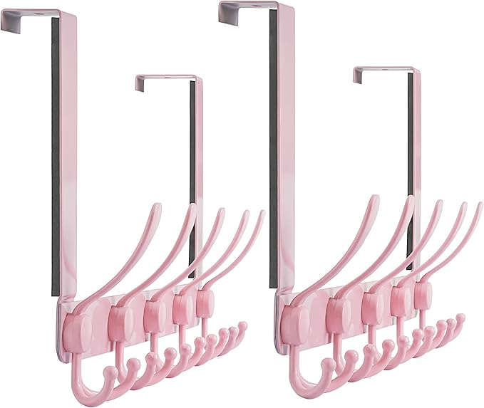 Dseap Over The Door Hook Hanger - 5 Tri Hooks, Heavy Duty Over The Door Towel Rack Coat Rack for Clothes Hat Towel, Pink, 2 Packs