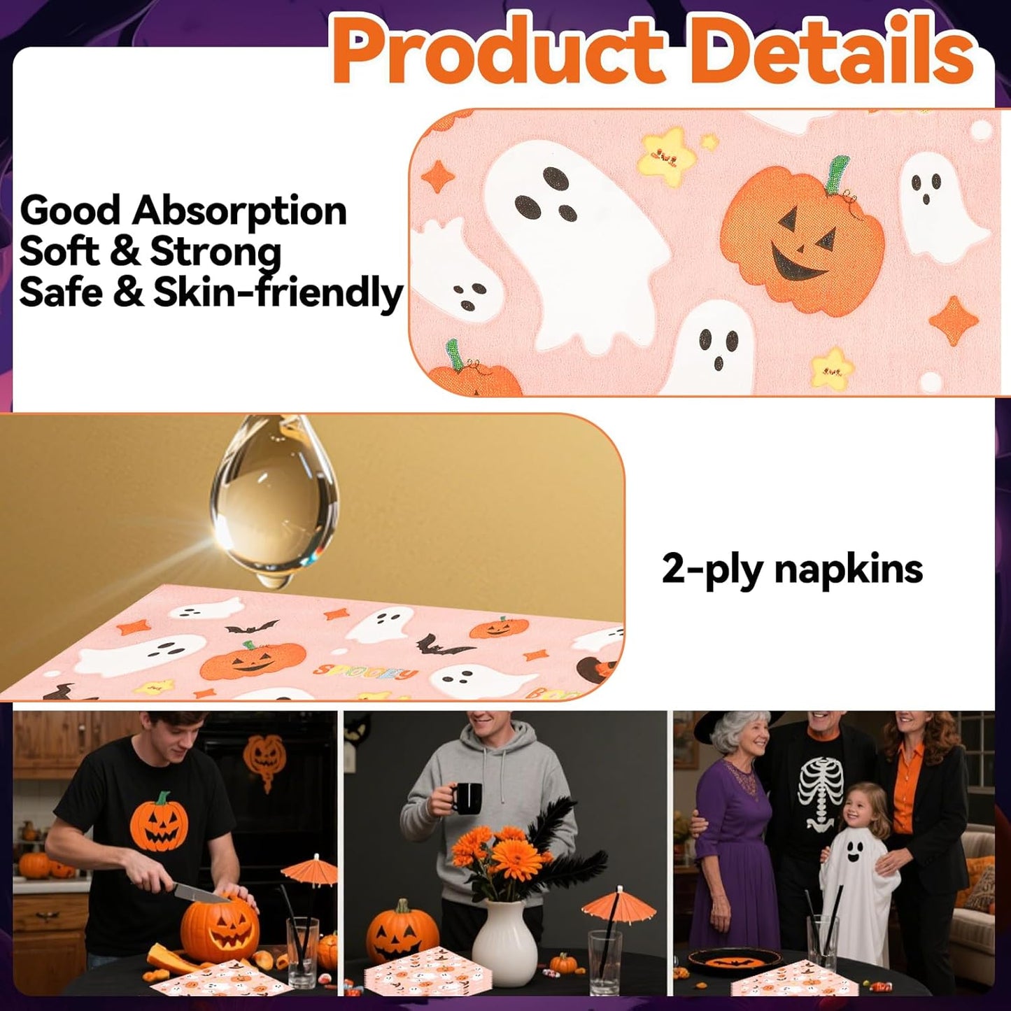 50PCS Pink Halloween Paper Napkins Cartoon Ghost Pumpkin Magic Hat Luncheon Napkins Disposable Dessert Dinner Hand Napkins for Halloween Birthday Party Supplies
