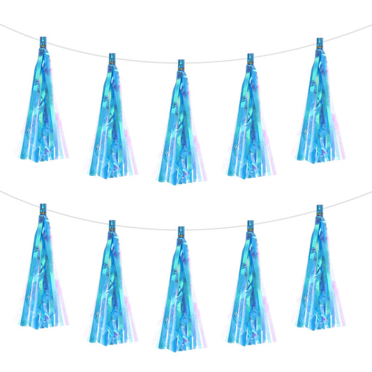 MECCANIXITY 30Pcs Luminous Sky Blue Tassel Garland Banner with Rope Tissue Paper Tassels Party DIY Kits for Anniversary Wedding Birthday Party