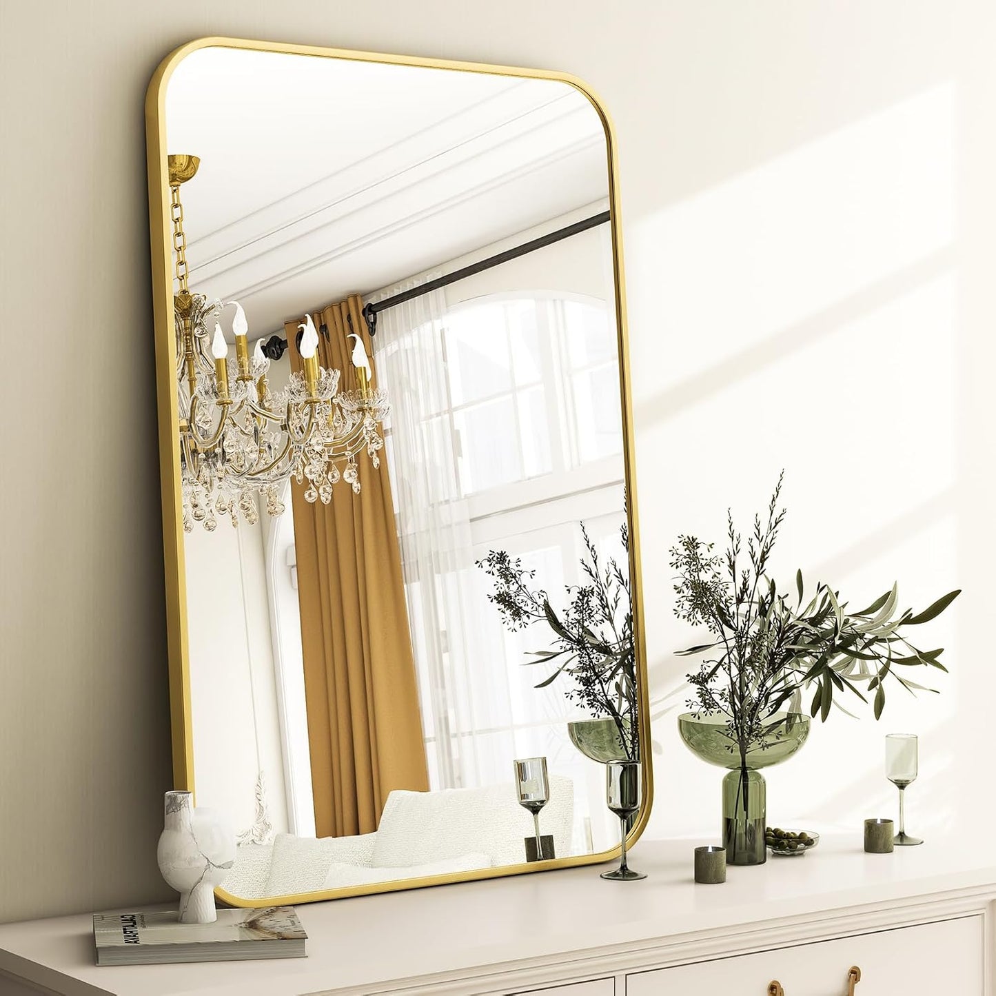 26 x 38 Inch Bathroom Mirror, Rounded Rectangular Vanity Mirror for Wall, Modern Mirror for Room Decor, Gold Framed Wall-Mounted Mirrors for Home Decor, Hangs Horizontally or Vertically