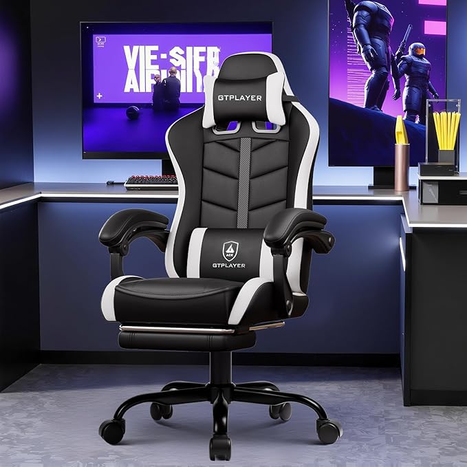GTPLAYER Gaming Chair, Computer Gaming Chairs for Adults with Footrest, Height Adjustable PC Game Chair with 90-155° Recline & Removable Headrest Lumbar Support, Black-White