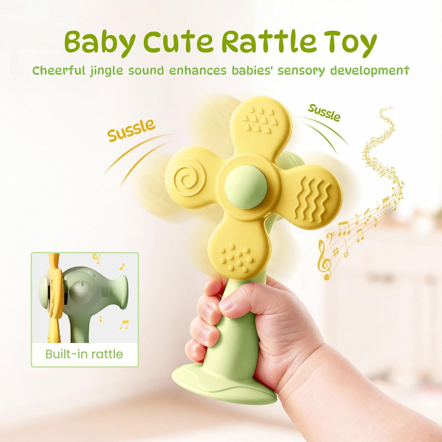 Windmill Baby Teething Toys, 2-in-1 Silicone Teether & Montessori Sensory Rattle Toy, BPA-Free Food Grade Baby Teether, 6-12 12-18 Toddler Boy Girl Essentials for Teething Relief, Green