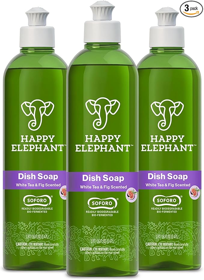 Happy Elephant Dish Soap, White Tea & Fig Scent, Natural Biodegradable Liquid Dish Soap, Plant Based, Grease Fighting, Tough on Food, Gentle on Hands, No Synthetic Fragrance, 12 Fl Oz, 3 Pack