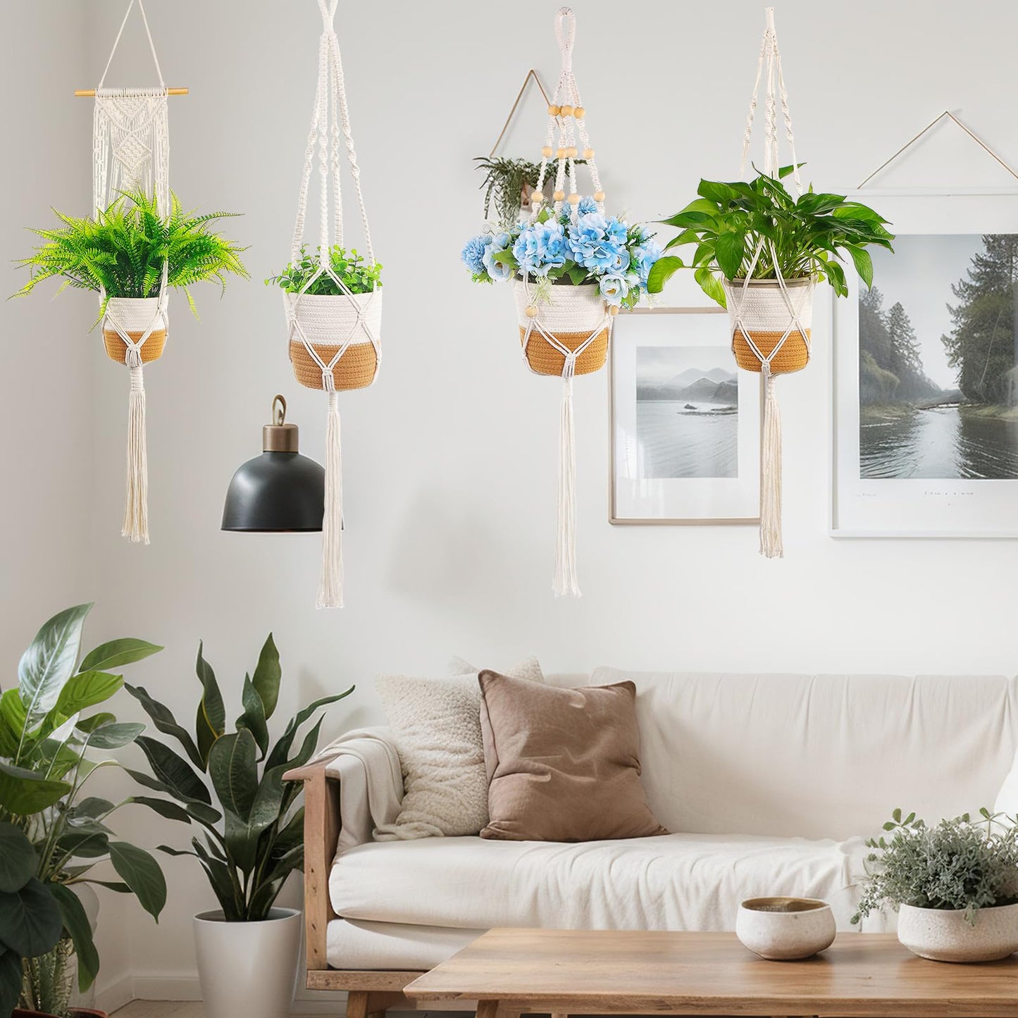 Janinka 7 Pack Hanging Planter Basket Set, Cotton Rope Macrame Woven Plant Hanger, Indoor Plant Boho Hanger Basket, Hanging Wall Plants Flower Pots with Hooks for Outdoor Home Decorations
