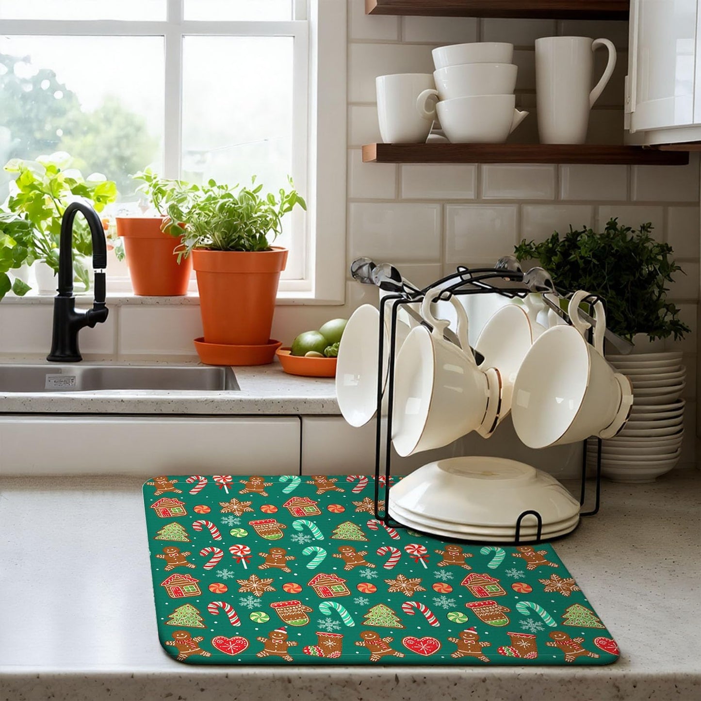 Green Christmas Drying Mat for Kitchen Counter 18" X 24" Christmas Dish Drying Mat for Kitchen Decor Candy Xmas Drying Mats For Home Counter Drying Mats For Dishes Dish Mat Drying Mat
