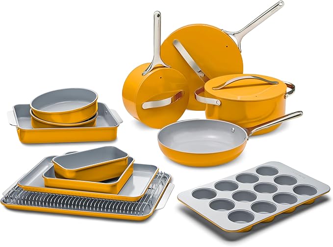 Caraway 23-Piece Nonstick Ceramic Cookware & Bakeware Set – Pots, Frying Pans, Lids, Baking Sheets, Pans, Cooling Rack & Storage – Oven Safe, Non-Toxic – Compatible with All Stovetops - Marigold