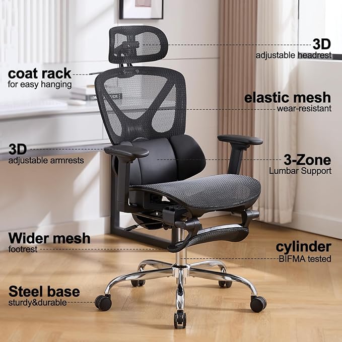 High Back Mesh Office Chair with Footrest，Ergonomic Office Chair w/ 3D Lumbar Support，Comfy Home Office Desk Chair for Work & Computer Gaming, 400LBS, Black