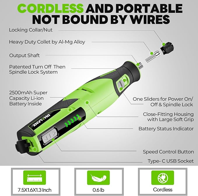 Rotary Tool - 4V Rotary Tool Cordless, Rotary Tool Accessories 64 PCS 2500mAh Li-Ion Battery, Preset 5 Speed Adjustment Grinder Tool for Cutting Sanding Carving Polishing Engraver DIY Crafts (Green)