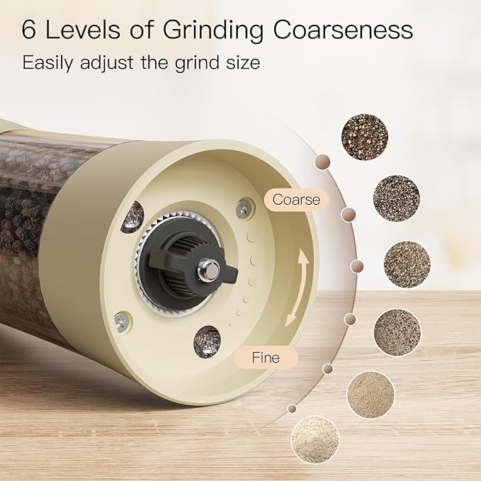 Ultrean Electric Salt and Pepper Grinder Set, Rechargeable Salt and Pepper Shakers, 6 Adjustable Coarseness, LED Light, Kitchen Gadget & Christmas Gifts, Cream