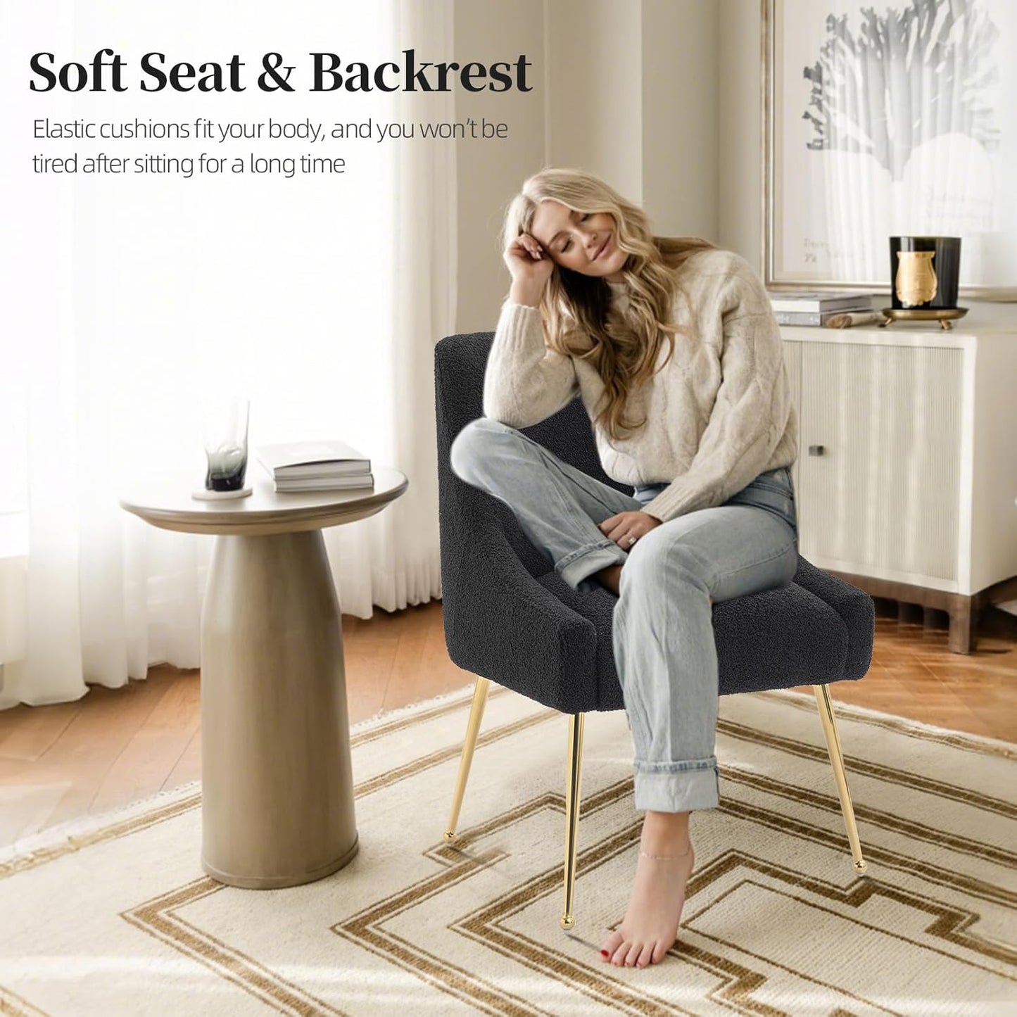 Modern Velvet Dining Chairs Set of 6, Contemporary Upholstered Furniture Collection with Polished Gold Metal Legs, Elegant Accent Chairs for Kitchen Living Room(Teddy Fleece,Black)
