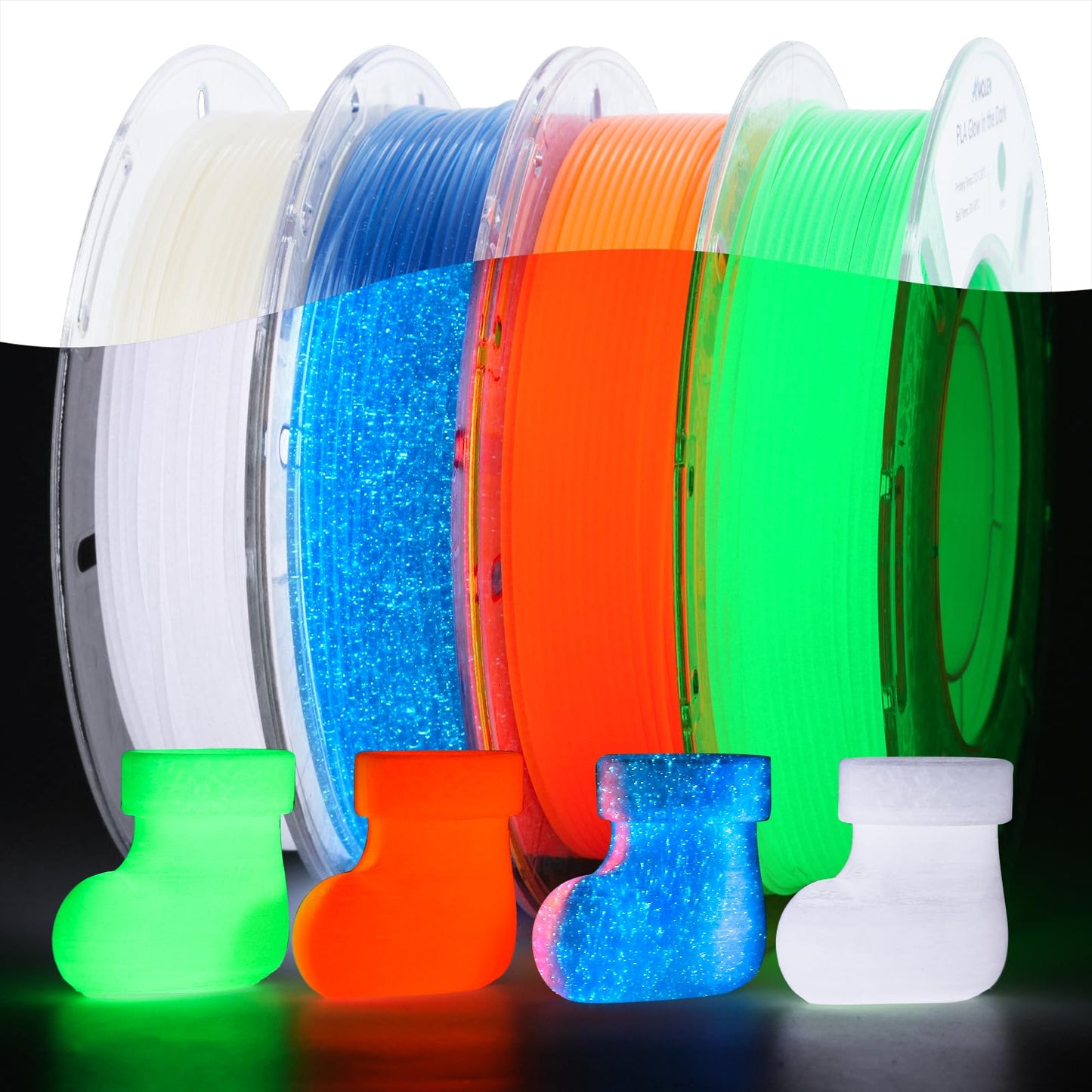 AMOLEN Glow in The Dark 3D Printer PLA Filament Christmas Bundle, Glow Filament Shiny Firefly Blue, Orange, Green and White, 1.7