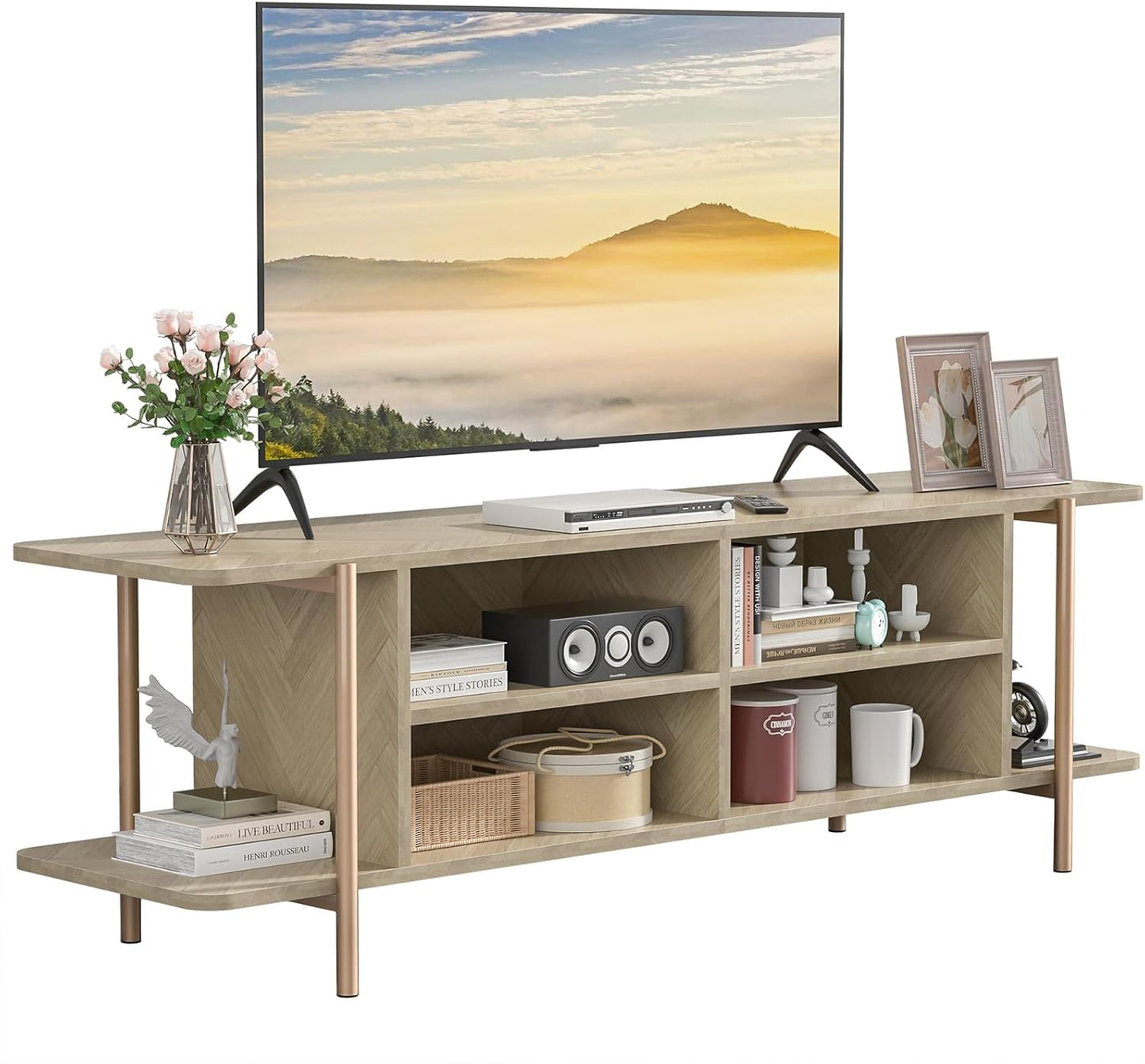 Giluta TV Stand for TV up to 75 Inch, Wood TV Cabinet with Open Storage, Entertainment Center TV Console Table, Coffee Table for Living Room (Light Oak)