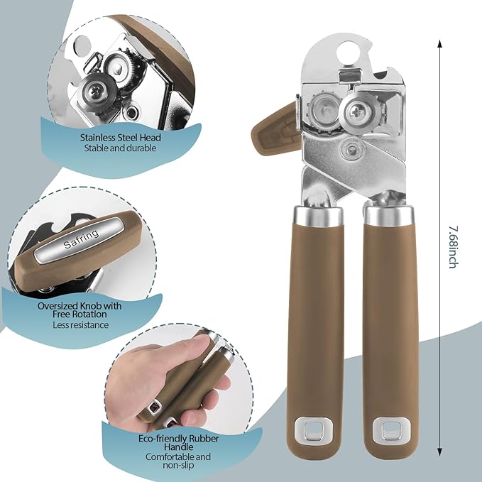 Can Opener Manual, Heavy Duty Handheld Strong Can Opener with Soft Touch Handle, Sharp Blade Smooth Edge, Can Openers with Multifunctional Bottle Opener, Coffee