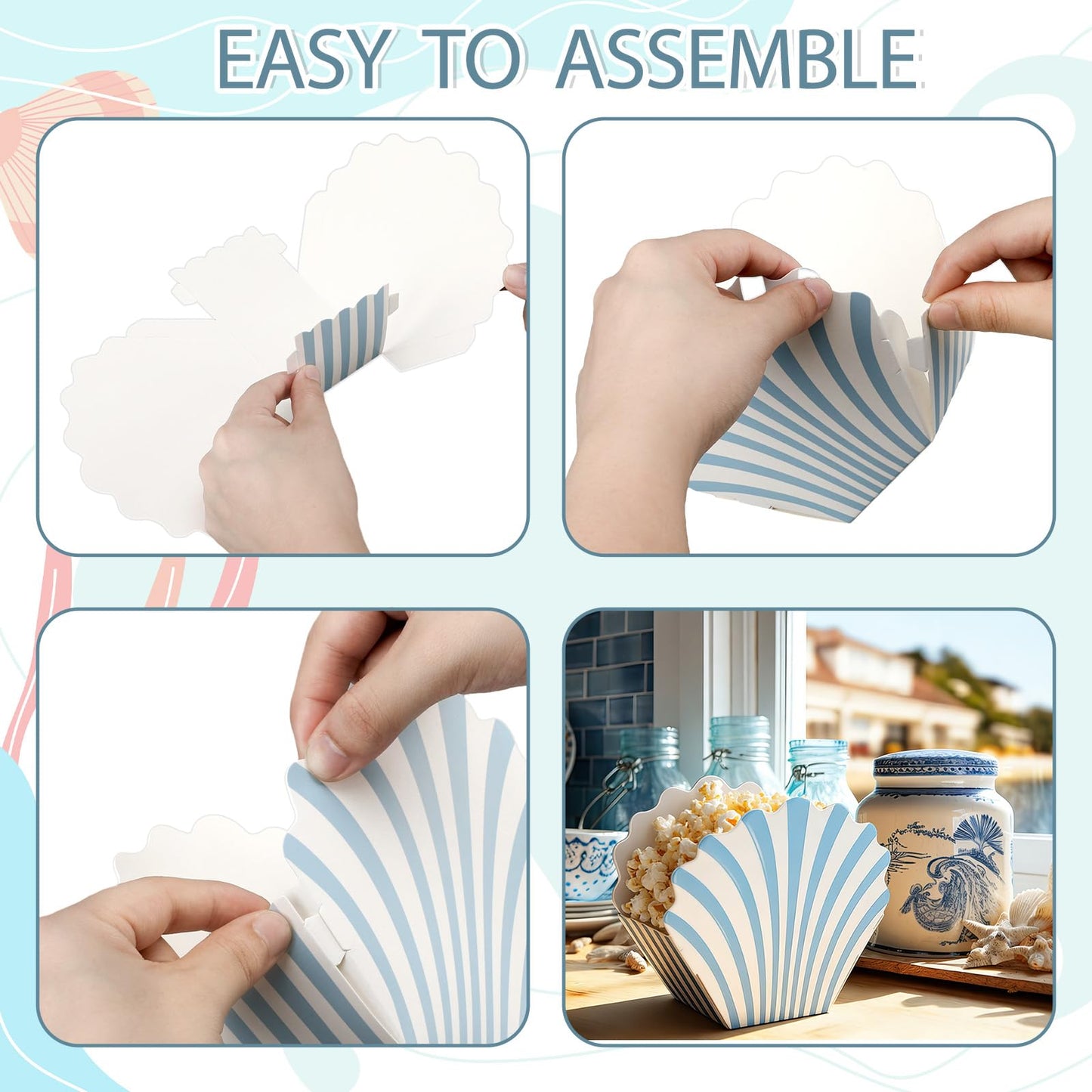 LemonRoad 24 Pcs Scalloped Blue Striped Popcorn Boxes Shell Last Toast on the Coast Party Favor Blue Seashell Treat Boxes for Coastal Beach Mermaid Themed Supplies Ocean Under the Sea Party Favors