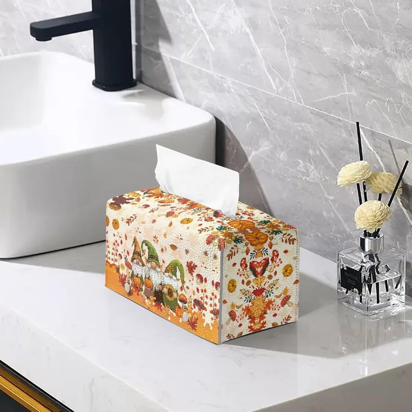 Thanksgiving Elf Pumpkin Leather Tissue Box Cover Maple Leaf Print Large Capacity Design Stain-Resistant PU Leather Rectangle Tissue Holder Fall Bathroom Decor 9.7"x5.2"x5.12"