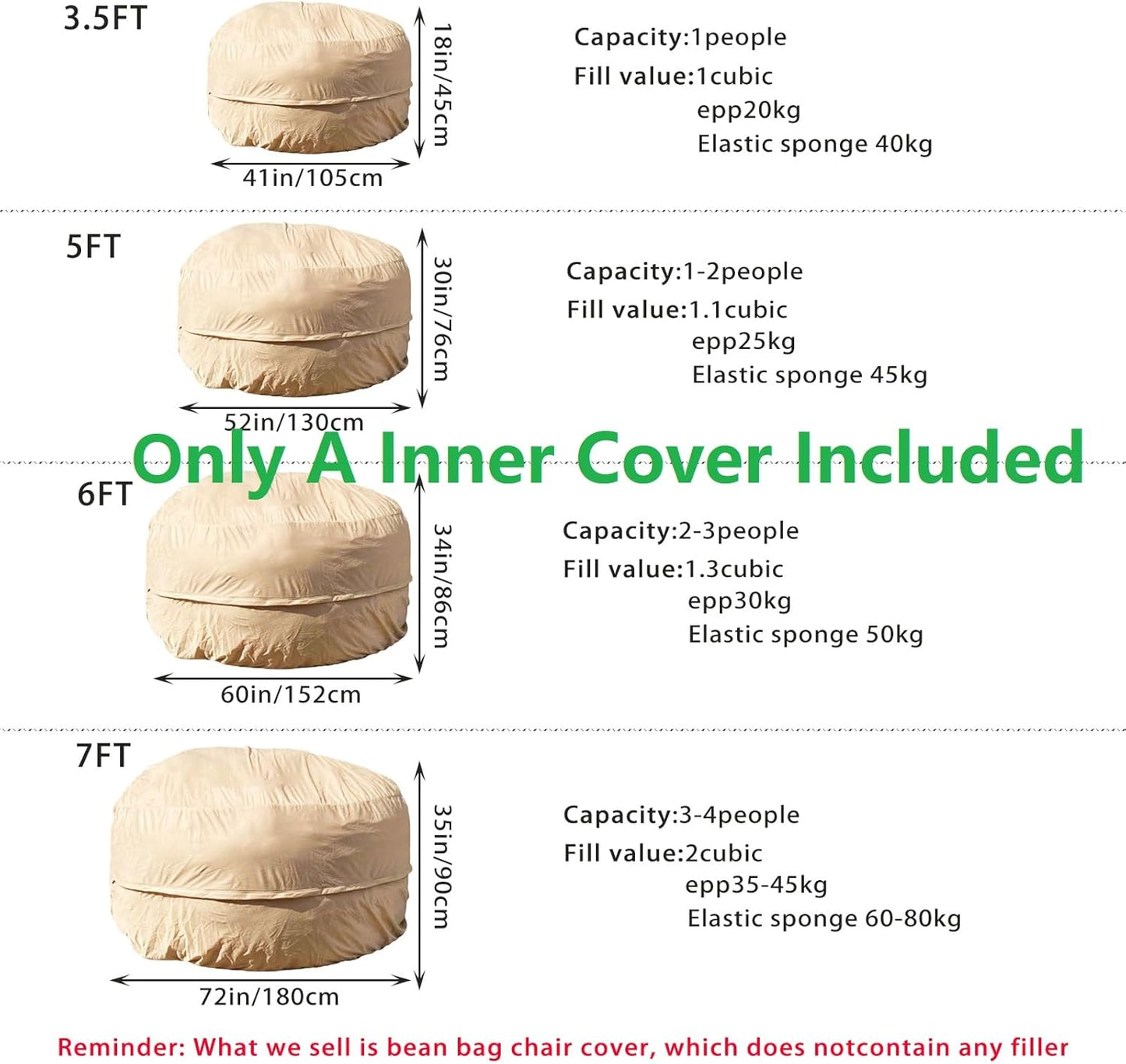 Reusable Beanbag Chair Inner Lining Cover for Pack Bean Filler EPP EPS Shredded Memory Foam and Wash Needs, 6 FT