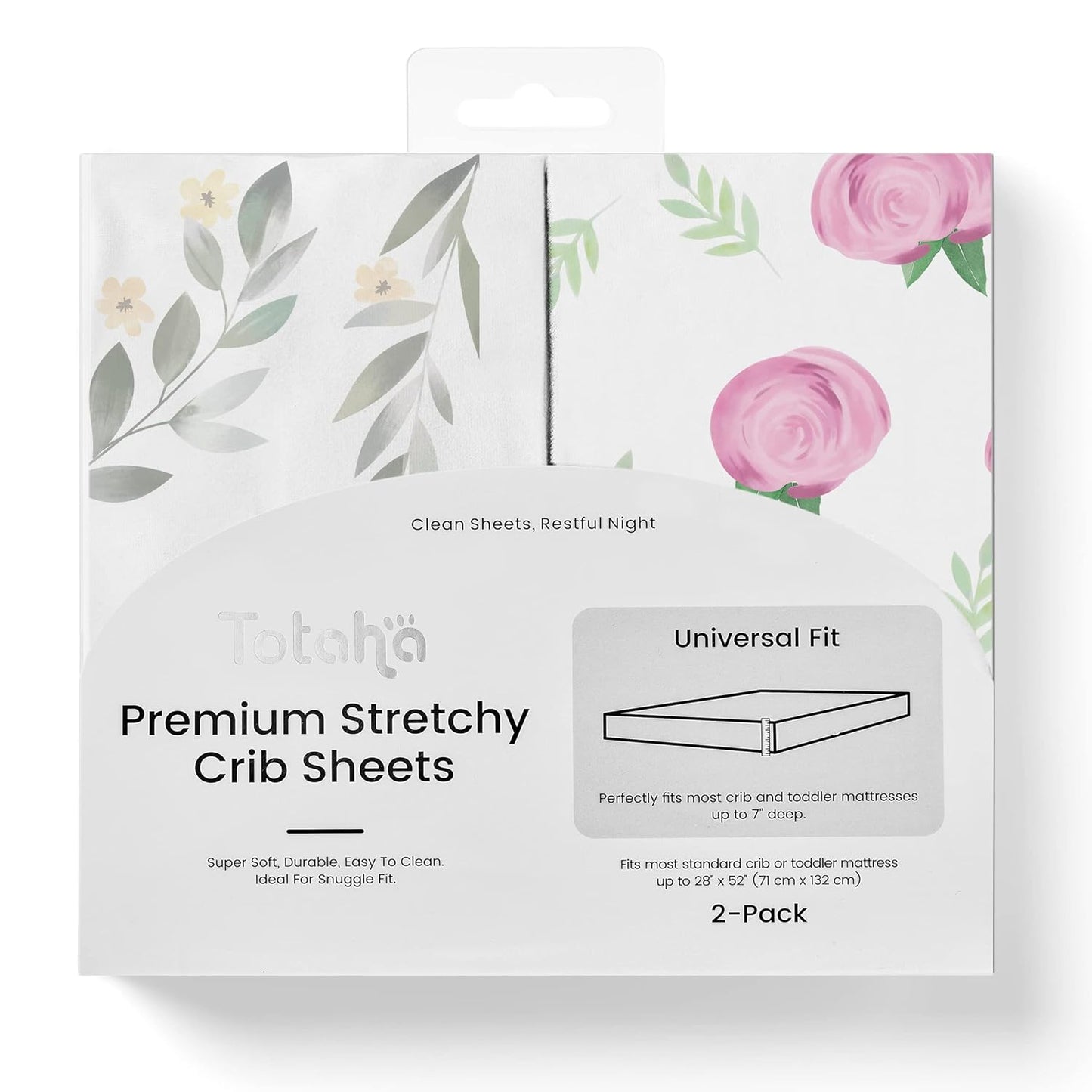 TotAha Premium Stretchy Crib Sheets (2-Pack)-Hypoallergenic, Silky Comfort, Buttery Soft, Calming Effect, All-Season Jersey-Knit Sheets, 9'' Extra Deep Pocket (Pink Buds & Green Leaves)