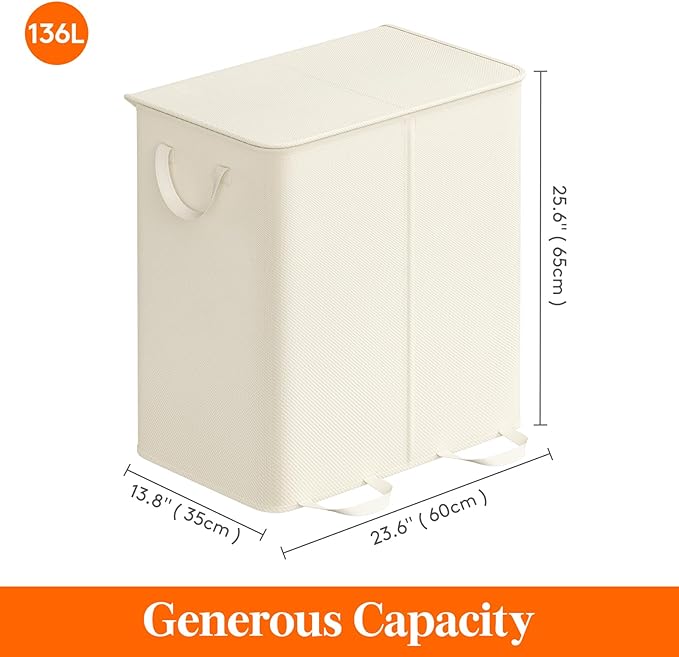 Lifewit Double Laundry Hamper with Lid and Removable Laundry Bags, Large Collapsible 2 Dividers Dirty Clothes Basket with Handles for Bedroom, Laundry Room, Closet, Bathroom, College, 136L Ivory White