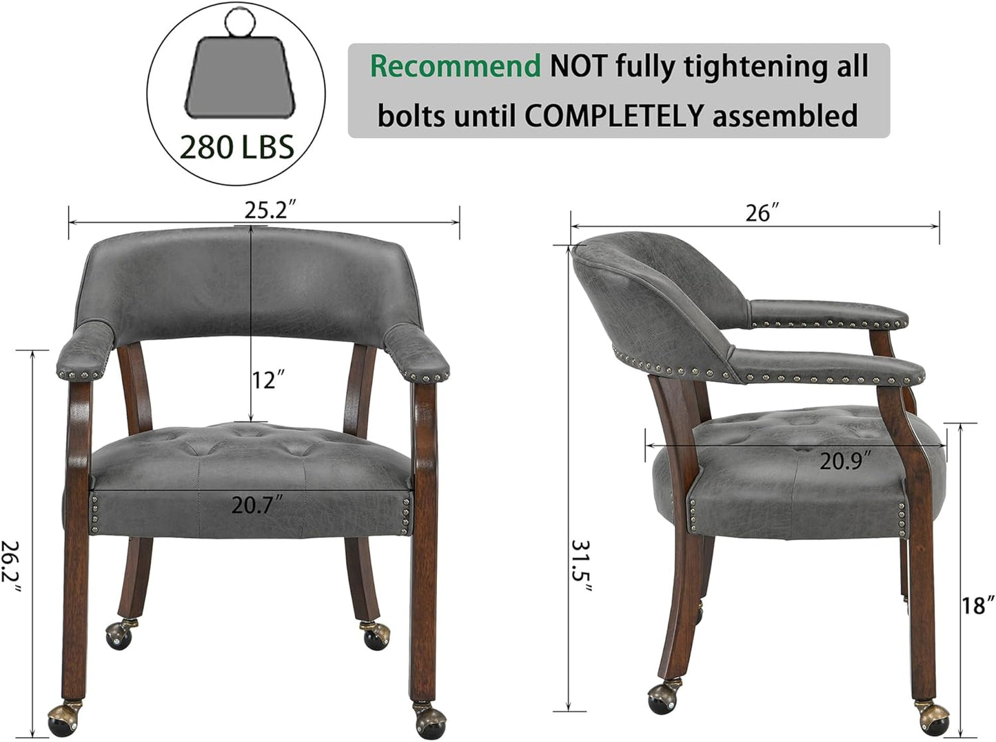 LEEMTORIG Large Dining Chairs with Casters and Arms, Rolling Dining Chairs with Wheels, Accent Wood Boss Caption's Chairs, 26" D x 25.2" W x 31.5" H, Cherry Legs & Dark Grey Fabric SY-1533-GY