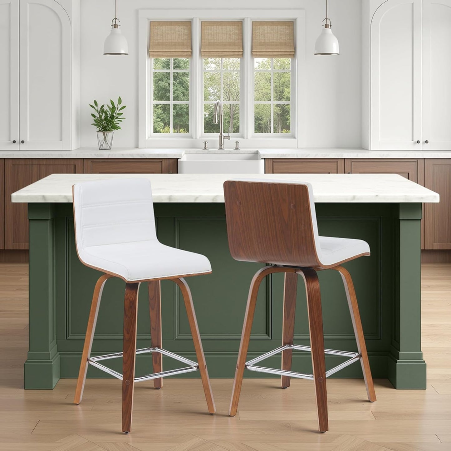 Vienna Modern Counter Height Swivel Bar Stool with Snow White Faux Leather Seat and Walnut Finished Wood Frame Set of 2