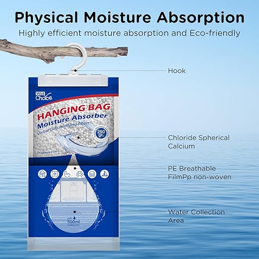 W&E Choice Moisture Absorbers Hanging Bag for Your Closet, Dehumidifier Bags for Bathroom, Fragrance Free Humidity Packs, 10 Pack