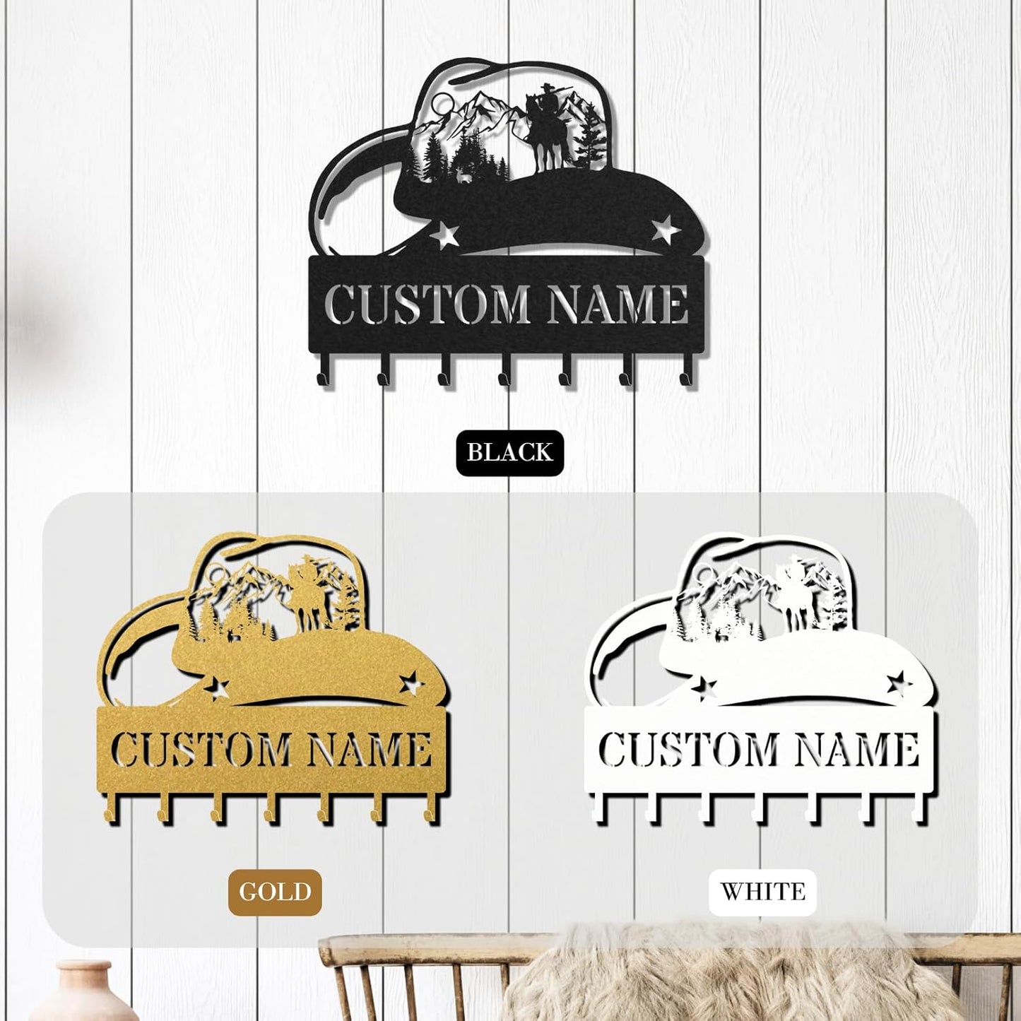 Personalized Key Holder for Wall, Custom Metal Cowboy Key Hooks with Name, Meta Jacket Holder Hooks Organizer Rack, Jacket Hanger Decor for Kitchen, Entryway, Hallway, Office, Doorway