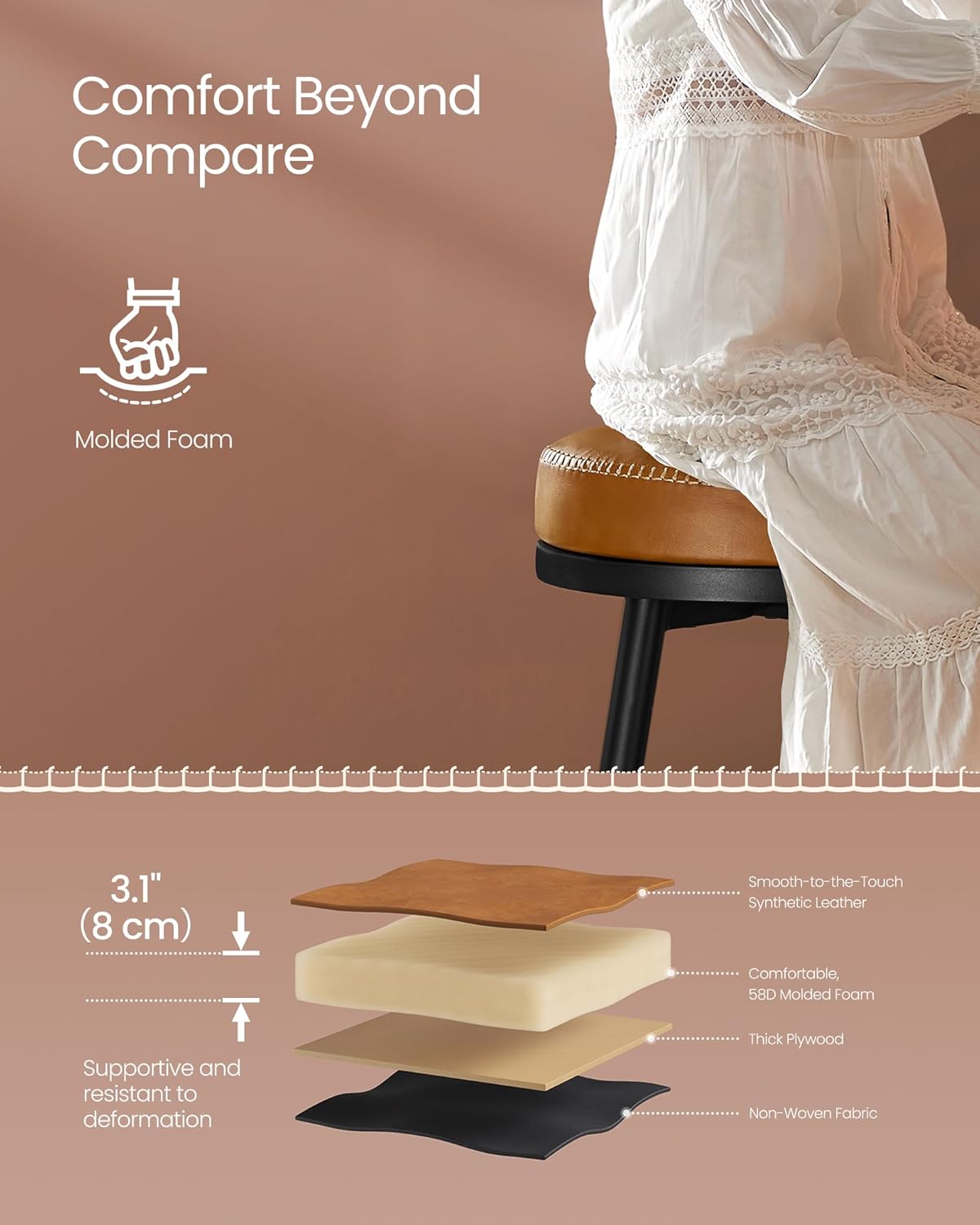 VASAGLE EKHO Collection - Swivel Bar Stools Set of 2, Bar Height Backless Bar Stools, Synthetic Leather with Stitching, Mid-Century Modern, 30-Inch Tall Kitchen Barstools for Home Bar, Caramel Brown