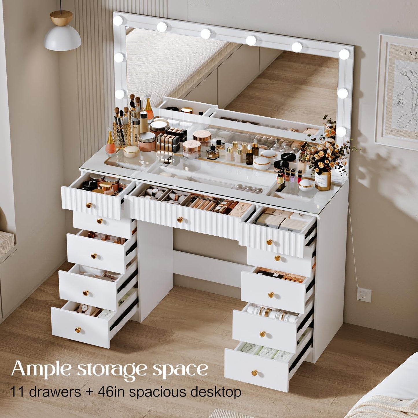Fluted Makeup Vanity Desk with 46" HD Lighted Mirror,Big Modern Vanity Desk with Mirror and 12 LED Lights, Dressing Table with 11 Drawers, Glass Top for Bedroom,White