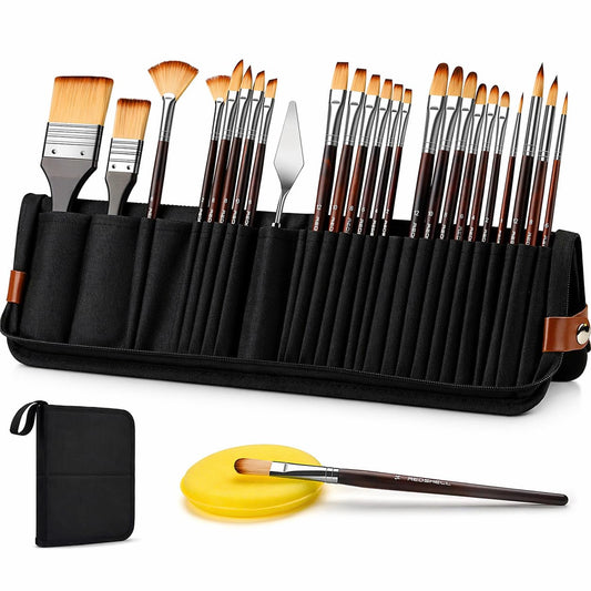 Paint Brush Set for Watercolor & Oil Painting, 26 Pcs Travel Watercolor Acrylic Paint Brushes with Flat, Filbert, Fan, Dagger, Cat Tongue, Round, Palette Knife, Paintbrush Kit for Beginners & Artist