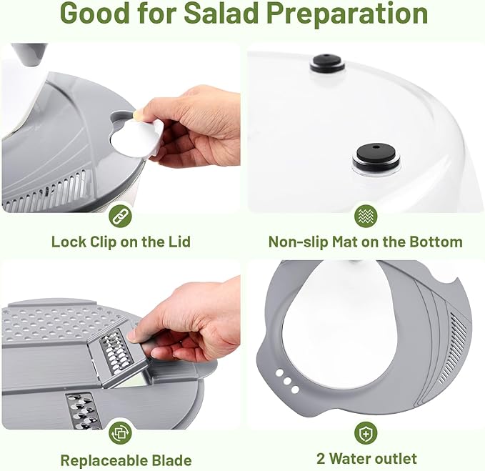 Salad Spinner, 5.3 QT Lettuce Spinner with Strainer, Fruit Cleaner with 4 Replaceable Blade for Shredding, Slicing and Pureeing, Salad Washer & Dryer for Quick Washing (Grey)