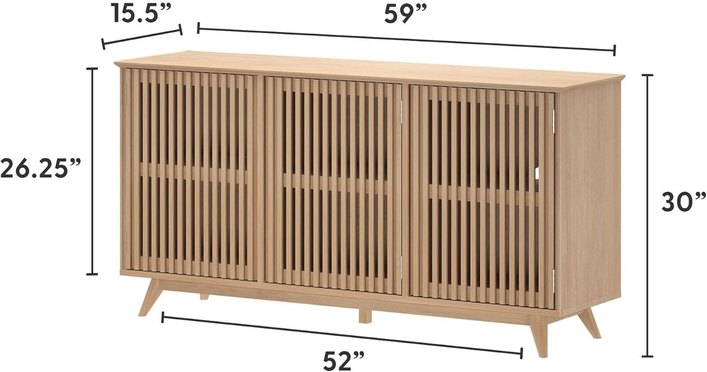 Plank+Beam Mid-Century Modern Wood TV Stand, Three Door Solid Wood Entertainment Console with Storage, 59" L x 16" W x 30" H, Blonde