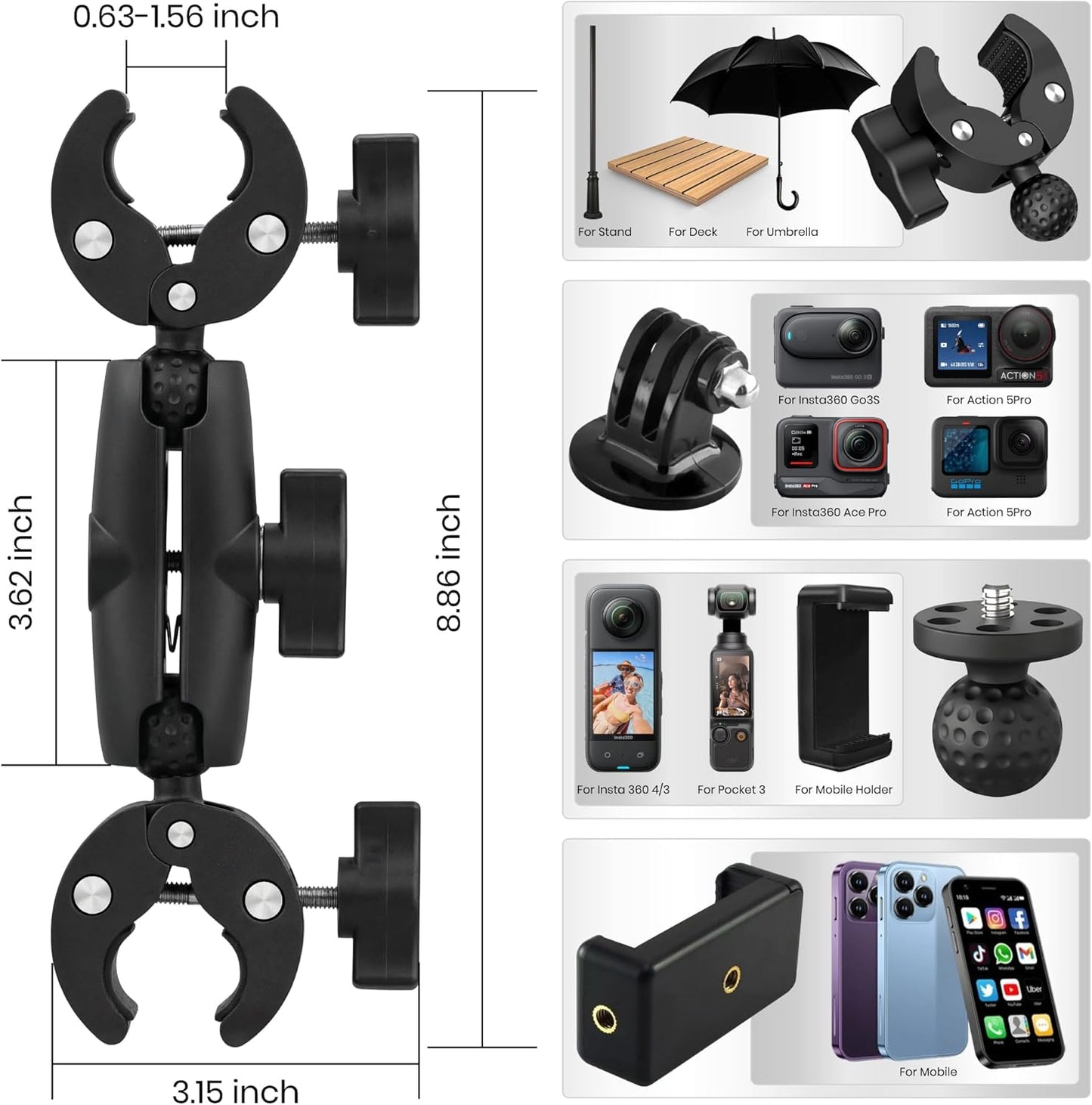 Premium 3-in-1 Umbrella Clamp for Chairs, Strollers, Boats & Kayaks Adjustable Mounting Bracket for Umbrella, Camera & Phone Durable Anti Slip Trolling Motor Stabilizer for Outdoor Hands Free Use