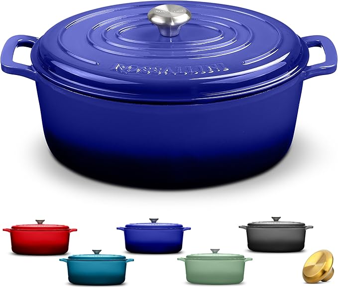 Signature Enameled Cast Iron Oval Dutch Oven | Non-Stick Serving Pot with Tight Fitting Lid for Perfect Roasting, Baking, Sauteing, and Bread Making | 8Q [Indigo Blue]