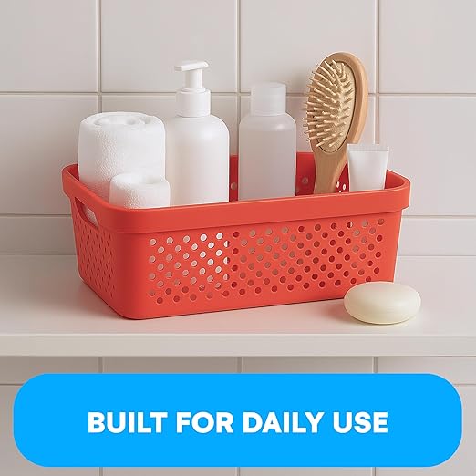 Bins & Things Plastic Storage Bin - Basket Organizer Bins - Suitable as Laundry Bin, Closet Basket, Book Shelf, Pantry Storage - Room Essentials - For Bathroom, Cabinet, & Kitchen - Set of 6 - Red
