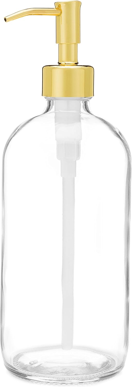 Rail19 Market Clear Glass Soap Dispenser with Metal Pump - Liquid Hand Soap & Lotion for Kitchen and Bathroom, 16oz (Gold)