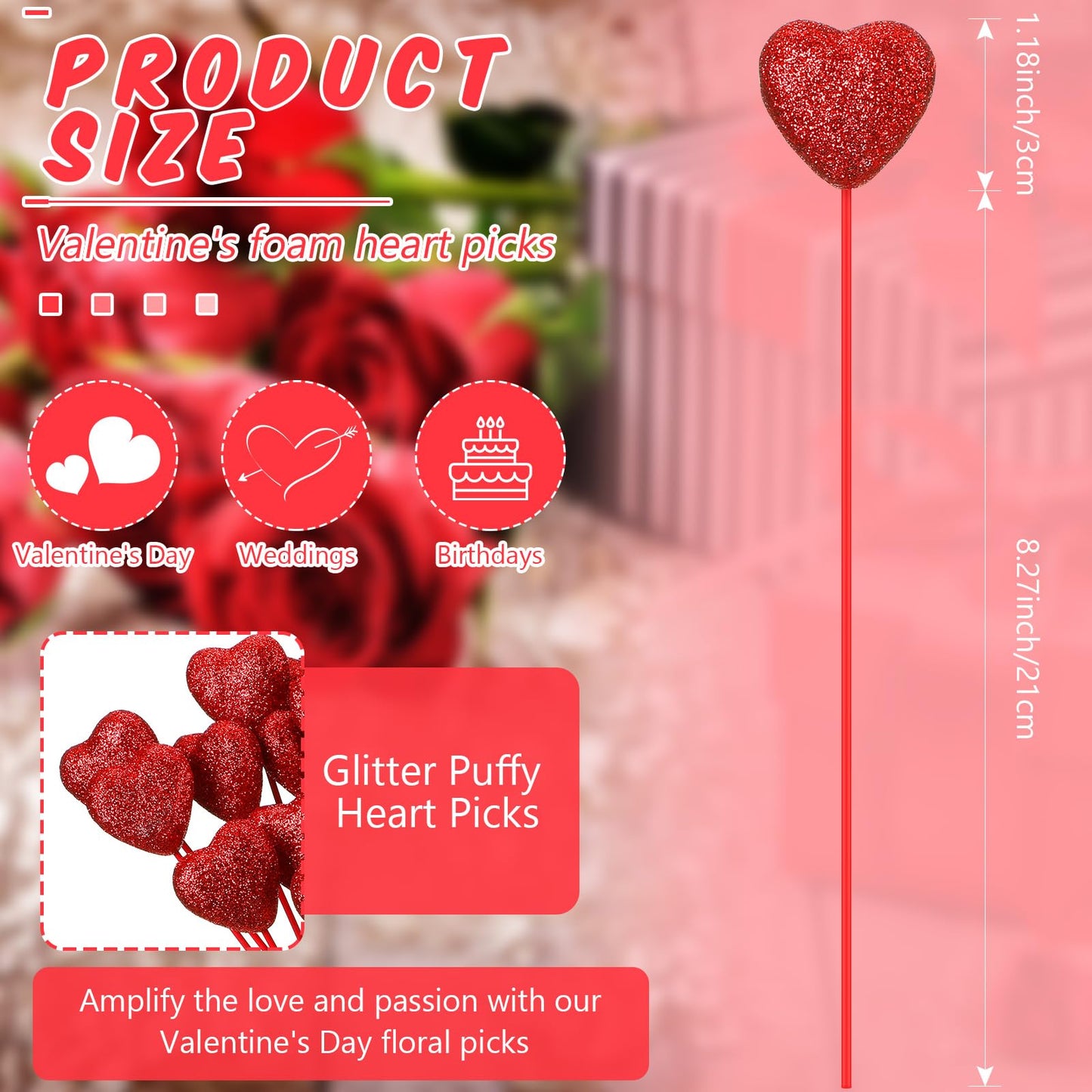 ZCYSRLQIN 24 Pcs Glitter Foam Hearts Sticks Foam Heart Picks Sparkly Hearts Stems Puffy Heart Wooden Picks for Wedding Decorations Flower Arrangements Crafts (Red)