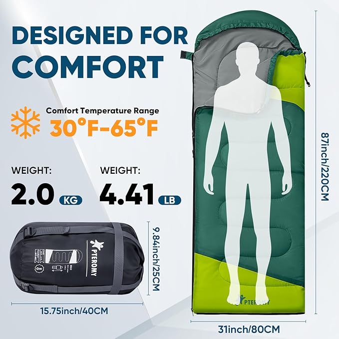 PTEROMY Sleeping Bags for Adults, Lightweight and Machine Washable, Water Resistant Backpacking Camping Sleeping Bag for Warm Cold Weather, Camping Essentials for Hiking Travel