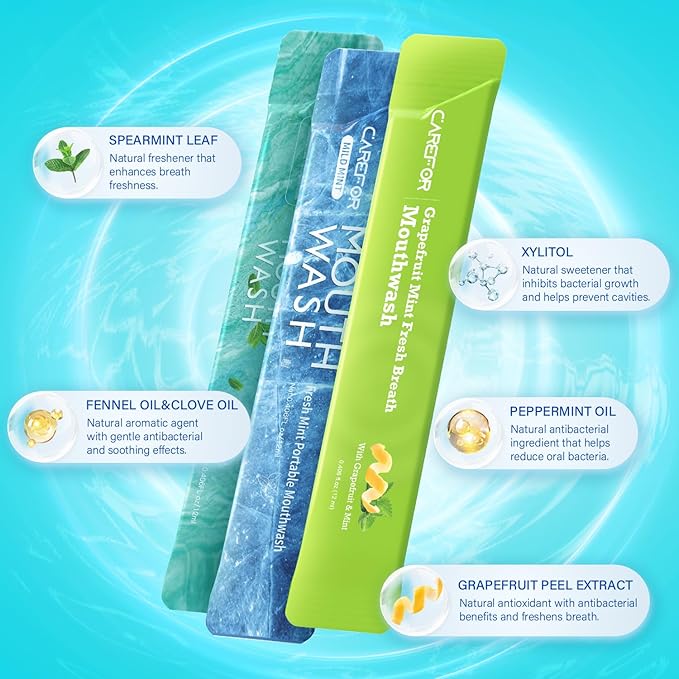 Mouthwash Travel Size - Portable Packets to Go, Alcohol & Fluoride Free, 3 Refreshing Flavors (Fresh Mint, ICY Mint, Grapefruit Mint) Fresh Oral Hygiene (20)