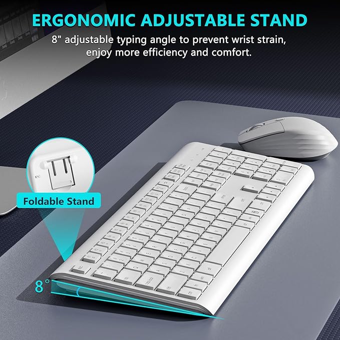 Wireless Keyboard and Mouse Combo, 2.4G Lag-Free Full Size Keyboard with Quiet Low Profile Concave Keys and Adjustable DPI Optical Mouse, Long Battery Life for PC, Windows, MAC Laptop (White)