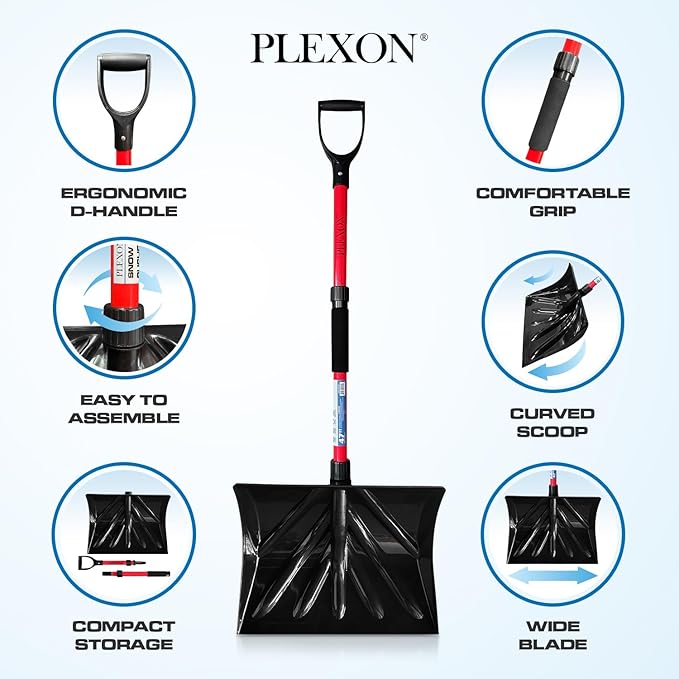 PLEXON Plastic Snow Shovel for Driveway Car Deck, Lightweight Heavy Duty Folding Collapsible Snow Pusher for Snow Removal, Home Garage, 47" Ergonomic Foldable, D-Grip Handle