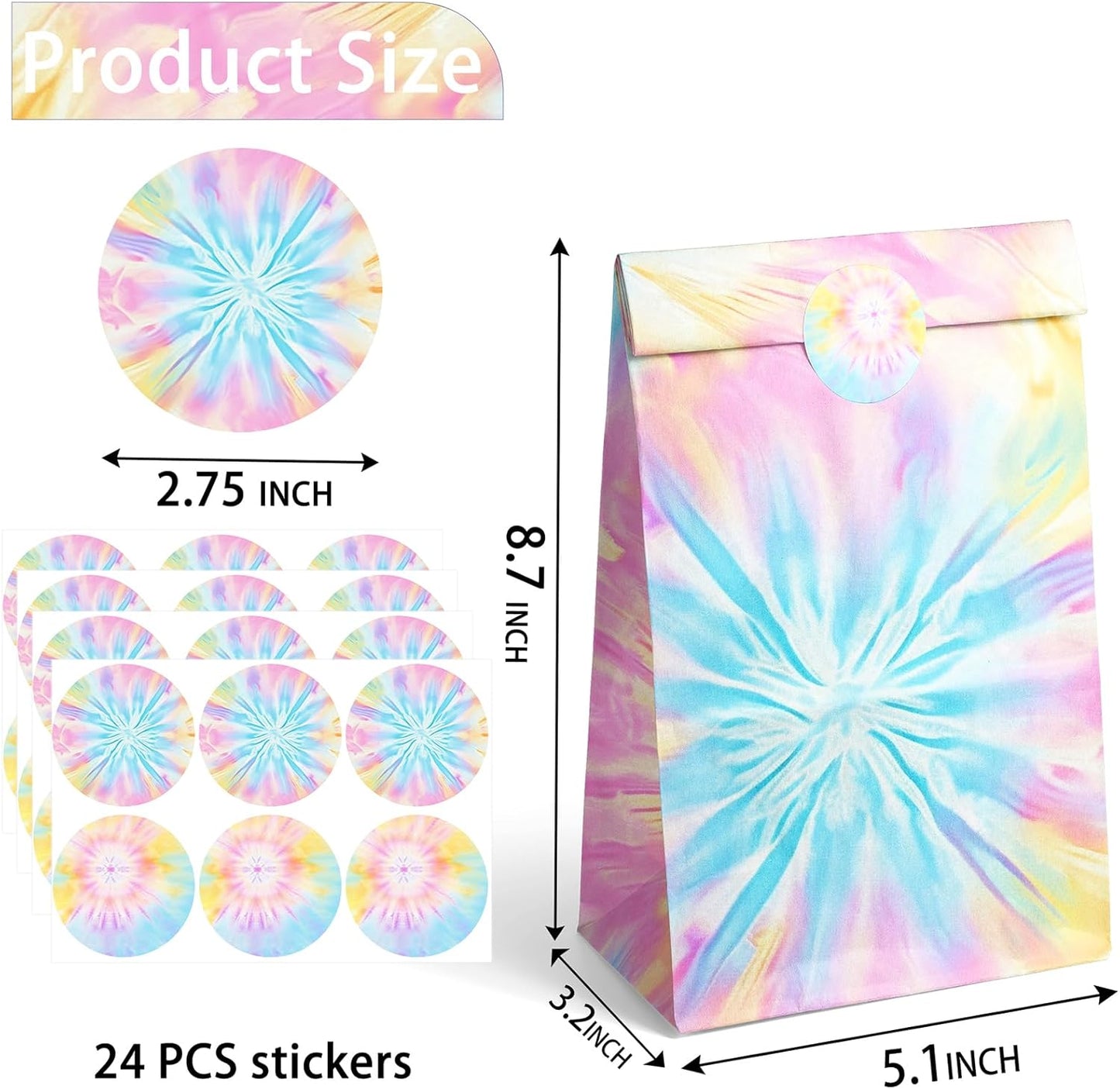 Tie Dye Party Favor Bags – 24 Pcs Pastel Gift Bags with 4 Designs, Paper Goodie for Birthday Party, Hippie Theme Decorations and Supplies