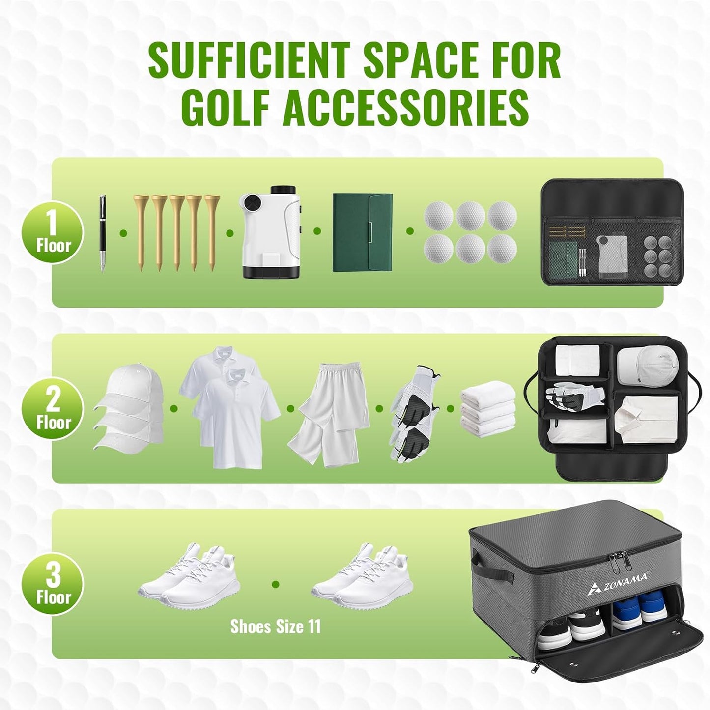 Golf Trunk Organizer, 3 Layers Large Space Car Trunk Locker, with Separate Compartment, Waterproof Golf Accessories Bag for 2 Pairs of Golf Shoes, Balls, Clothes, Golf Gift for Men Women