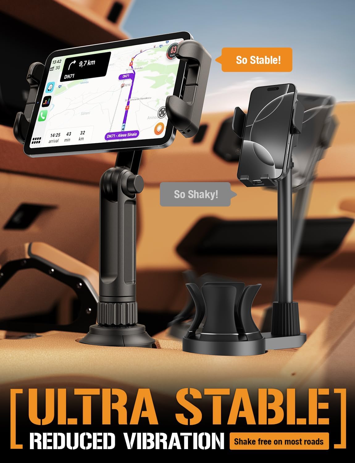 ToughTested Boom Cup Holder Tablet Mount – Heavy-Duty iPad & GPS Car Mount for Cup Holder – 360° Rotating Arm, Fits Tablets Up to 13", Anti-Vibration, Universal for Trucks, SUVs, Vans & Cars